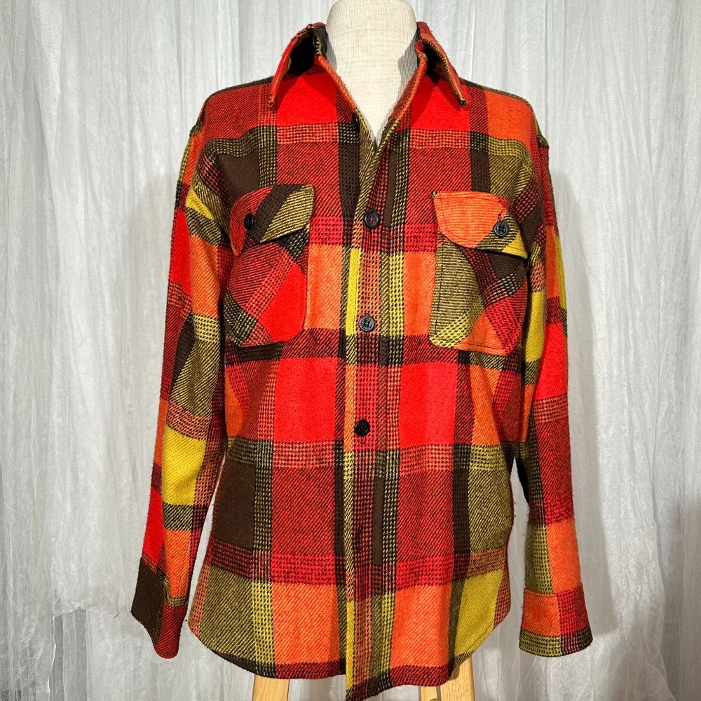 Men's Vintage 70's Flannel Montgomery Wards orange, red and yellow plaid